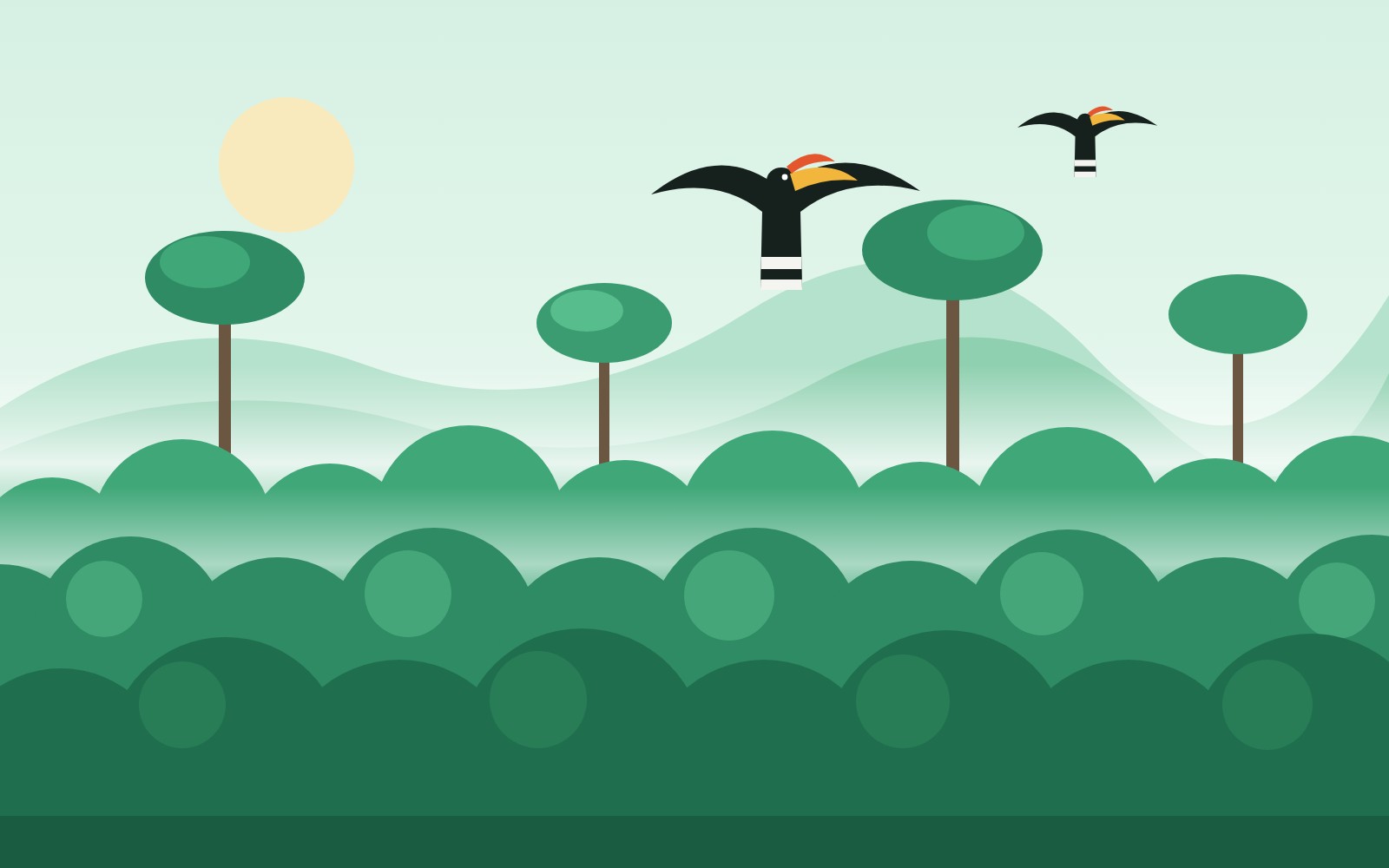 Ilustrasi tajuk hutan dataran rendah dengan dua burung enggang terbang di atasnya