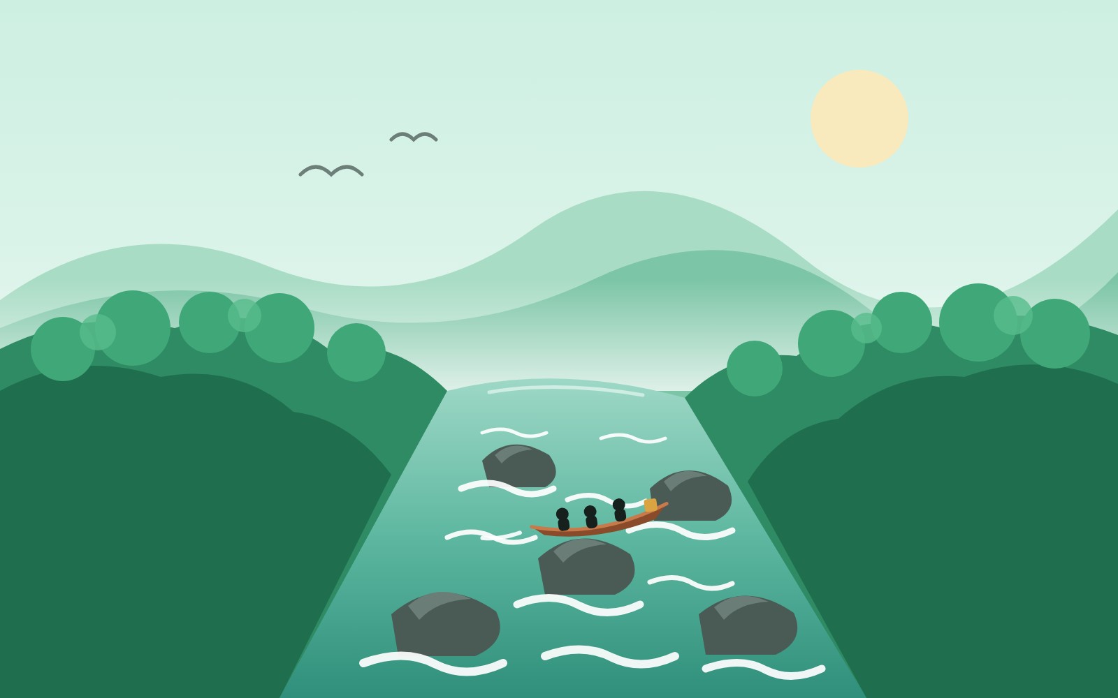 Ilustrasi perahu panjang melewati jeram berbatu di sungai yang diapit hutan